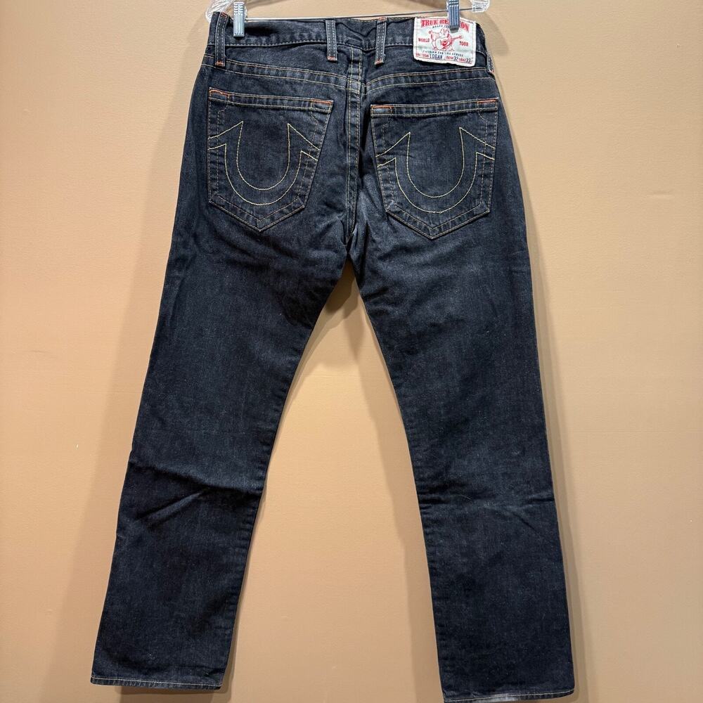 True Religion LOGAN Jeans Mens Black Denim USA Made Size 33W 32L Embroidered